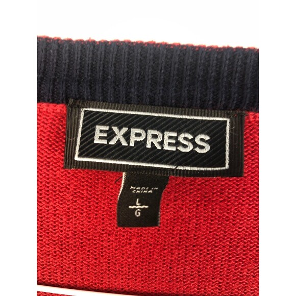 Express Mens L Cardigan Grandpa Sweater Academia Varsity Stripe Rugby Logo Red - Picture 4 of 9